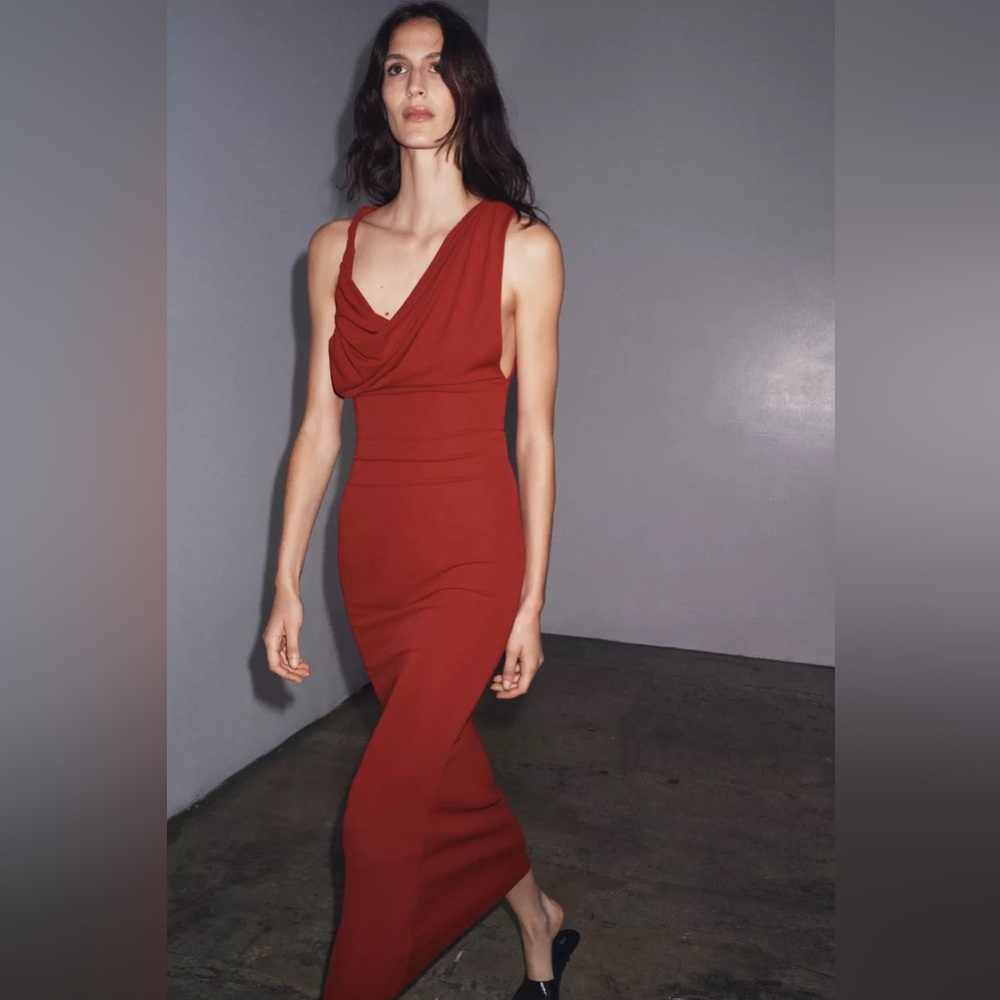 Zara NWT Dark Blood Red Sexy Elegant Cowl Draped Bodycon Maxi Dress (Size Small) - Picture 2 of 9